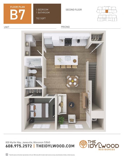 Floor plan for 1 bed, 1 bath, 701 sqft